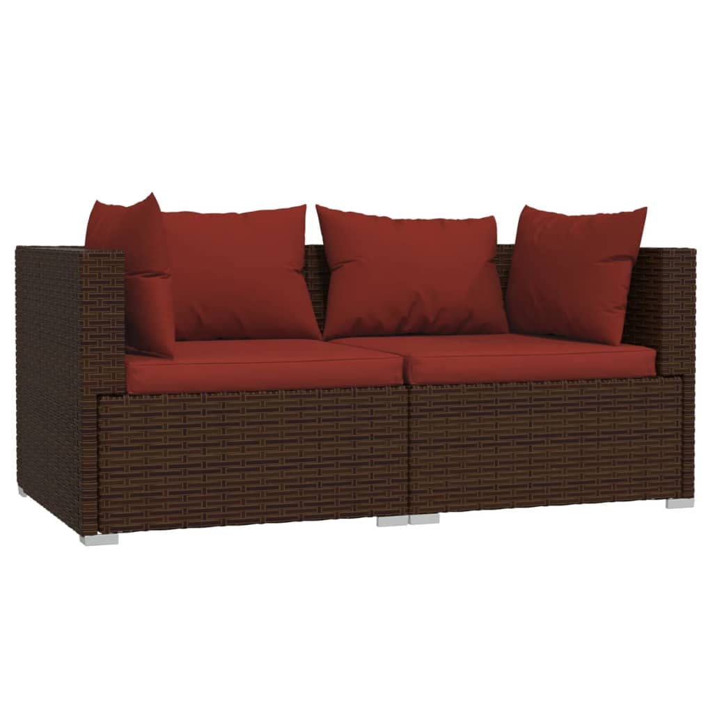 vidaXL Poly Rattan Patio Loveseat with Cushions - 2-Seater Outdoor Lounge Set in Brown and Cinnamon Red - Fabric Cushions