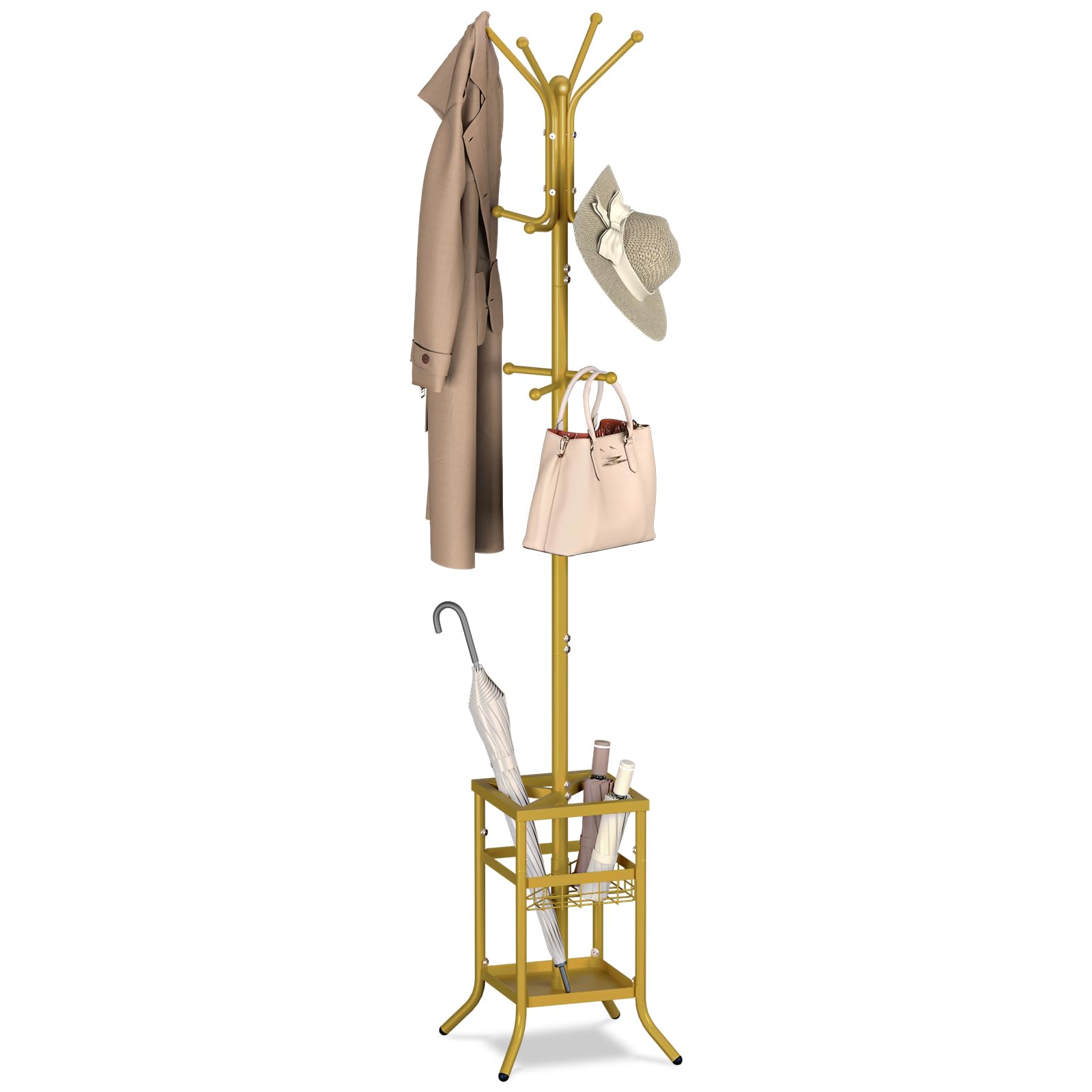 Yoobure Coat Rack Freestanding, Coat Tree With Umbrella Holder, Metal Coat Rack Stand With 12 Hooks, Modern Coat Hanger Stand For Entryway, Purse Rack Hat Rack Stand For Living Room Bedroom Office
