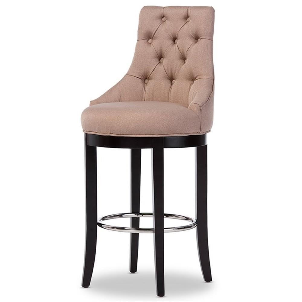 Wholesale Interiors Harmony Button-Tufted Fabric Upholstered Bar Stool With Metal Footrest, Beige