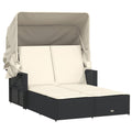 vidaXL Double Sun Lounger with Canopy and Cushions - Outdoor Adjustable Rattan Day Bed, Weather-Resistant, Black/Cream