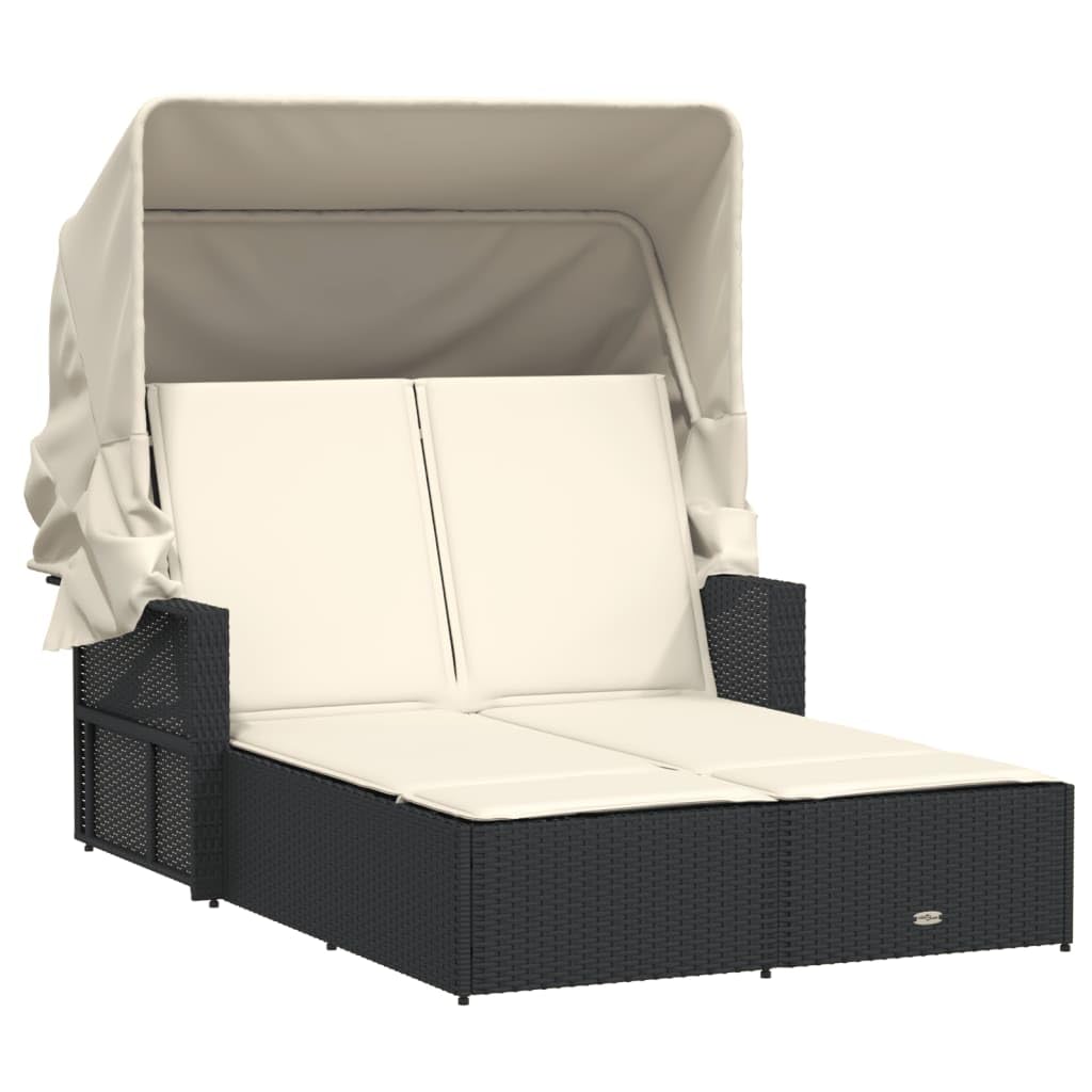 vidaXL Double Sun Lounger with Canopy and Cushions - Outdoor Adjustable Rattan Day Bed, Weather-Resistant, Black/Cream