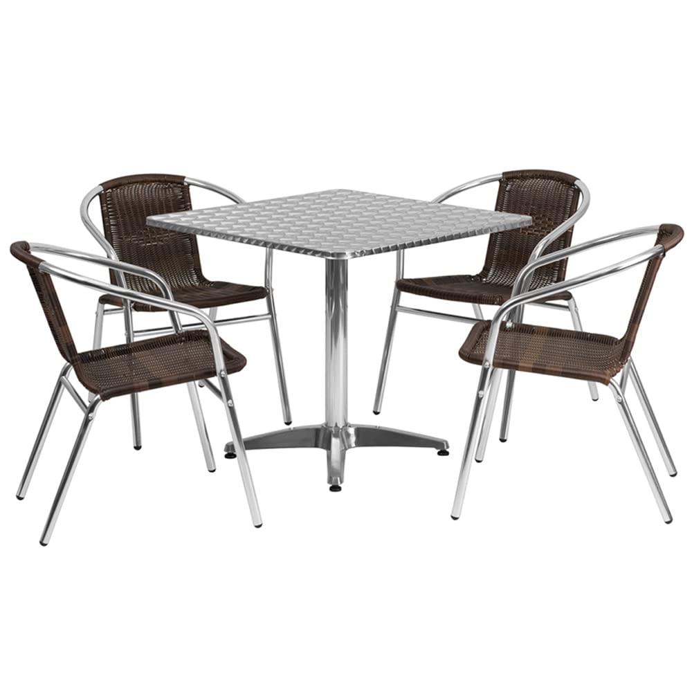 Flash Furniture 31.5'' Square Aluminum Indoor-Outdoor Table Set with 4 Dark Brown Rattan Chairs