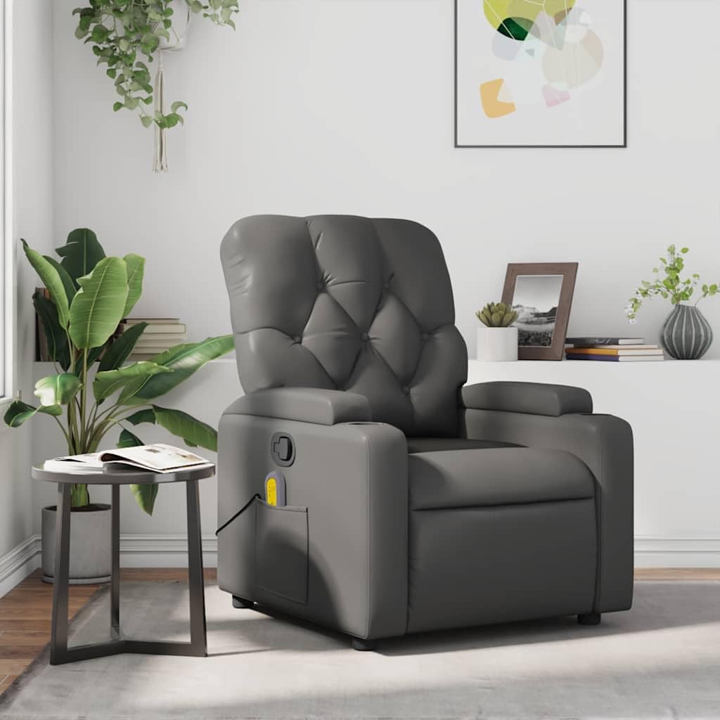 vidaXL Leather Massage Recliner Chair for Living Room, Home Theater, 6-Point Vibration Massage, Adjustable Back & Footrest, Cup Holders, Gray