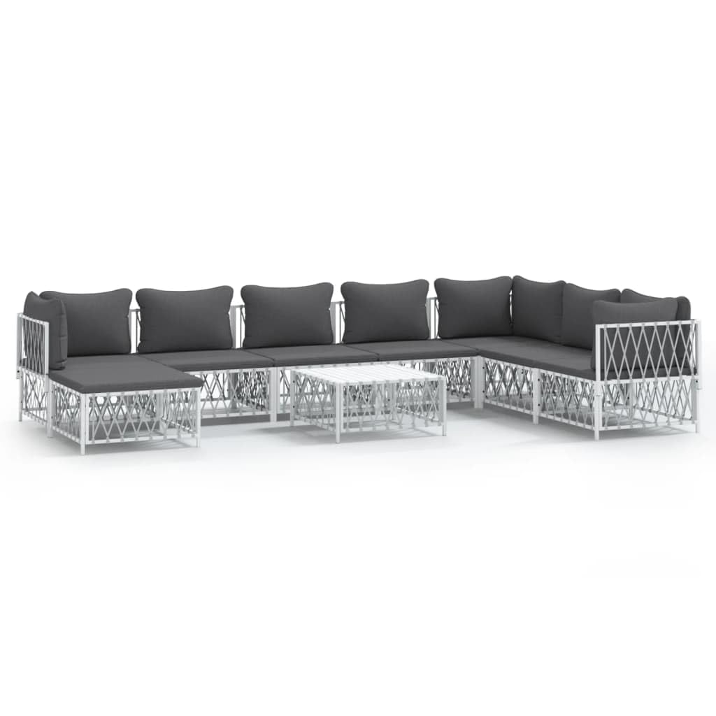 vidaXL 9 Piece White Patio Lounge Set - Stylish Outdoor Sofa Set with Cushions, Powder-Coated Steel Frame, Modular Design, Easy 