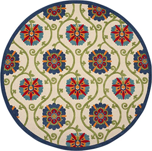 HomeRoots Blue/Multicolor 100% Polypropylene 8’ Round Blue Vines Indoor Outdoor Area Rug