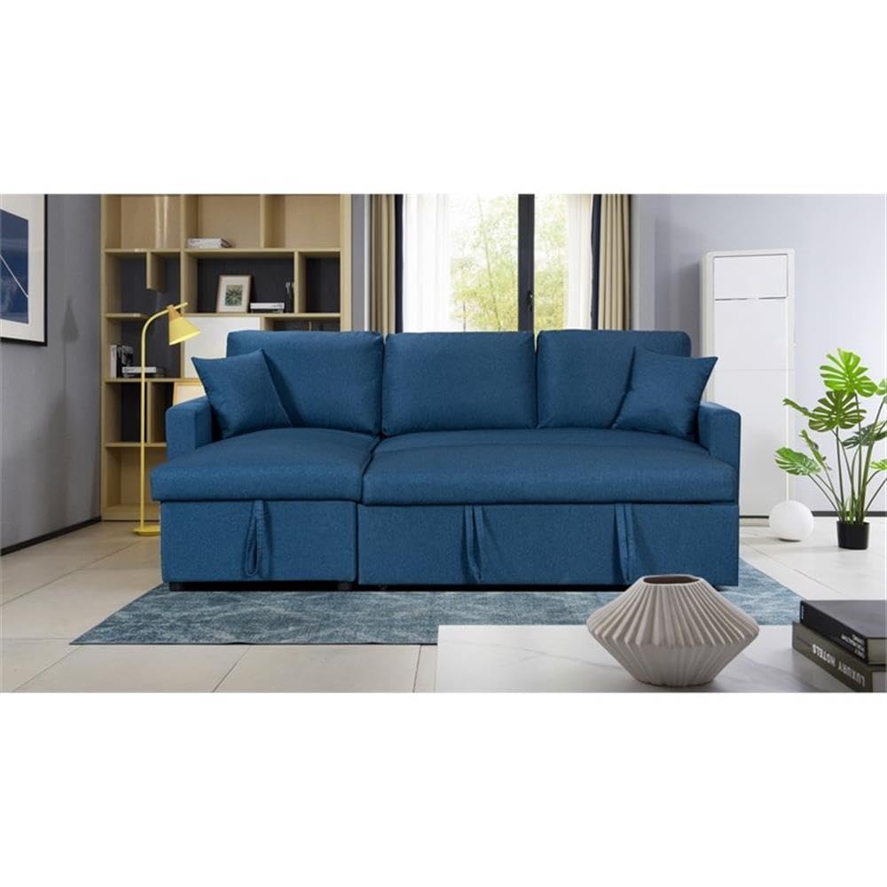 Lilola Home Paisley Blue Linen Fabric Reversible Sleeper Sectional Sofa with Storage Chaise