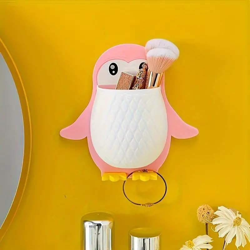 SPRADE Toothbrush Holder, Plastic Wall Mounted Penguin Shape Storage Organizer for Bathroom with Self Adhesive Stick Multipurpos