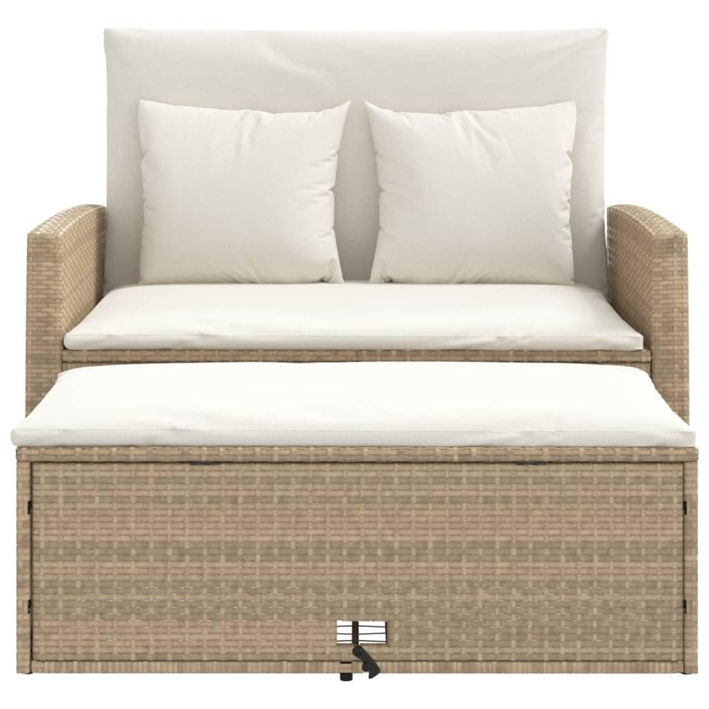 vidaXL 2-Seater Patio Sofa Bench - PE Rattan, Beige, Sofa Bed with Footstool Storage, Cushions with Removable Covers