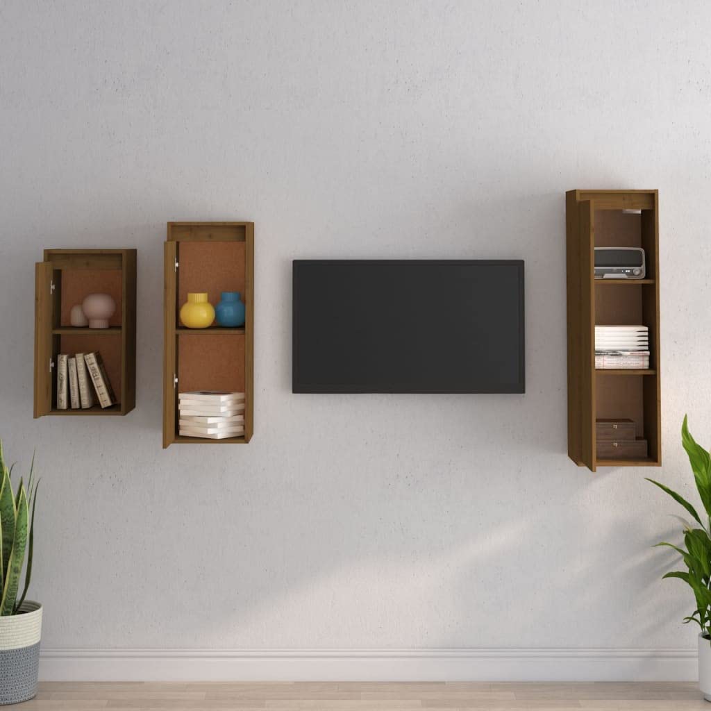 vidaXL TV Stand 3 Pcs, Wall Mounted Entertainment Center TV Console with Storage, Floating TV Stand for Living Room, Honey Brown Solid Wood Pine