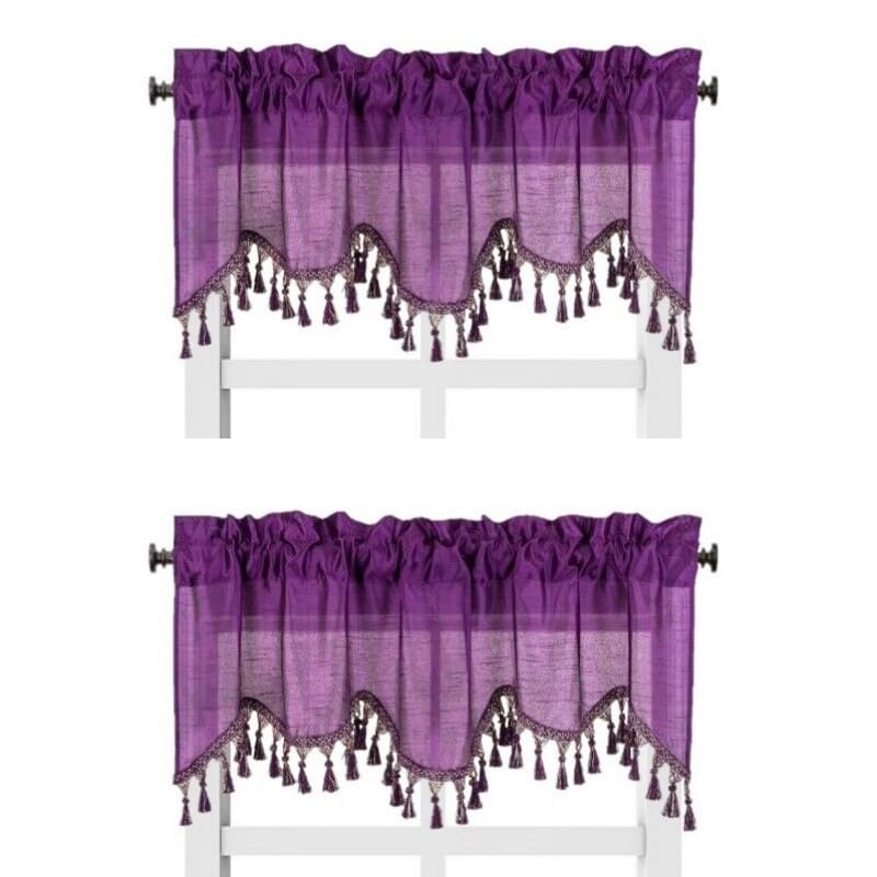 Solid Faux Silk Swag Waterfall Cascade Ascot Window Curtain Valance W/Tassels Trim 55' X18' Wave (2, Purple)