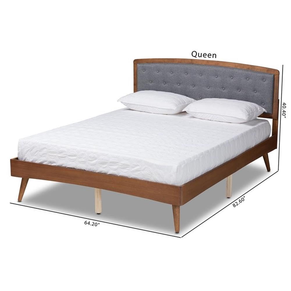 Baxton Studio Ratana Mid-Century Modern Transitional Grey Fabric Upholstered and Walnut Brown Finished Wood Queen Size Platform Bed