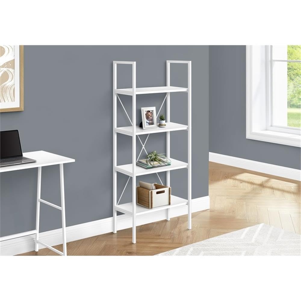Monarch Specialties I 7801 Bookshelf, Bookcase, 4 Tier, 48&Quot; H, Office, Bedroom, Metal, Laminate, White, Contemporary, Modern