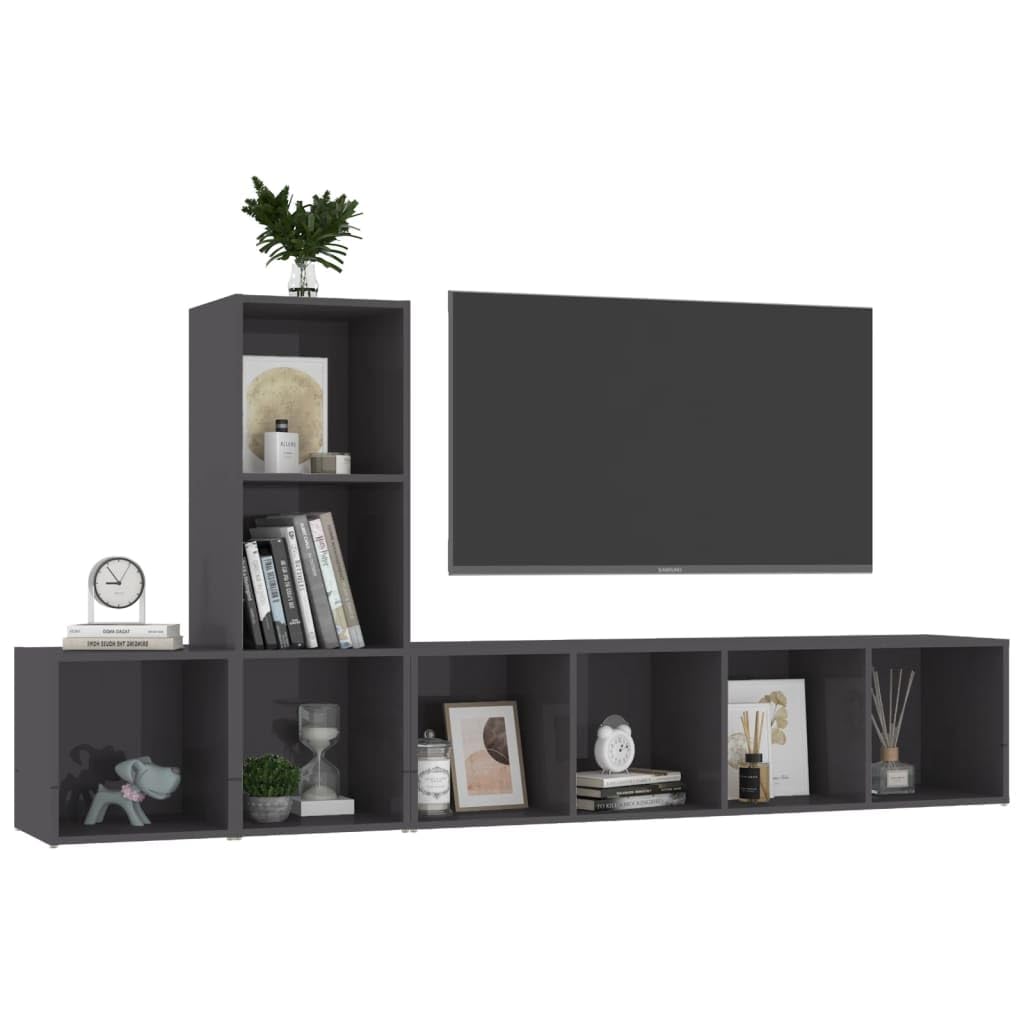 vidaXL 3 Piece High Gloss Gray TV Stand Set - Engineered Wood - Modern Design - Versatile Placement – Ample Storage - Easy Maintenance - California Proposition 65 Compliant