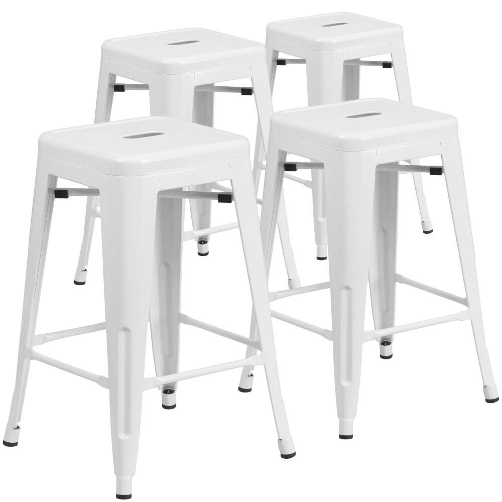 Flash Furniture Lily 4 Pack Commercial Grade 24 High Backless White Metal Indoor-Outdoor Counter Height Stool with Square Seat