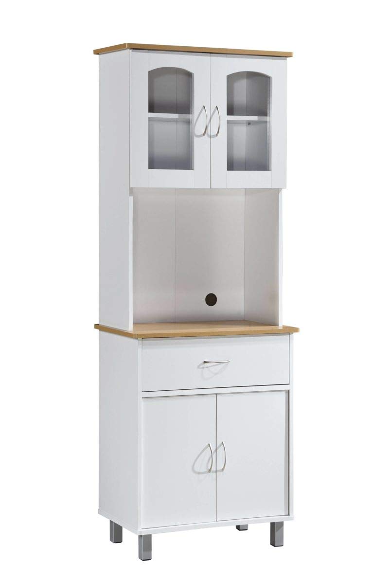 Hodedah Import Long Standing Kitchen Cabinet With Top & Bottom Enclosed Cabinet Space, One Drawer, Large Open Space For Microwav