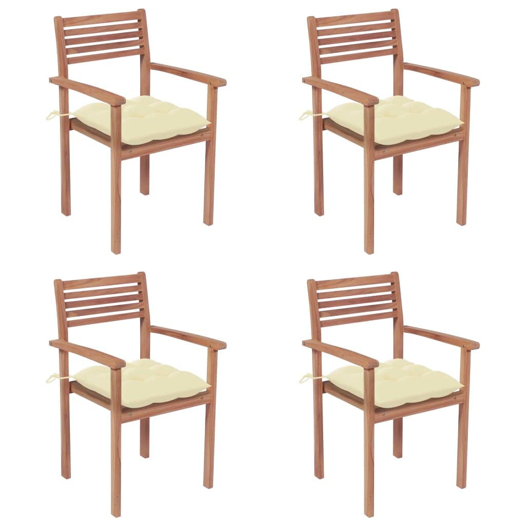 vidaXL Patio Teak Wood Chairs - 4 pcs Outdoor Furniture Set with Cream White Cushions, Stackable, Ideal for Home, Office, Bars and Cafes