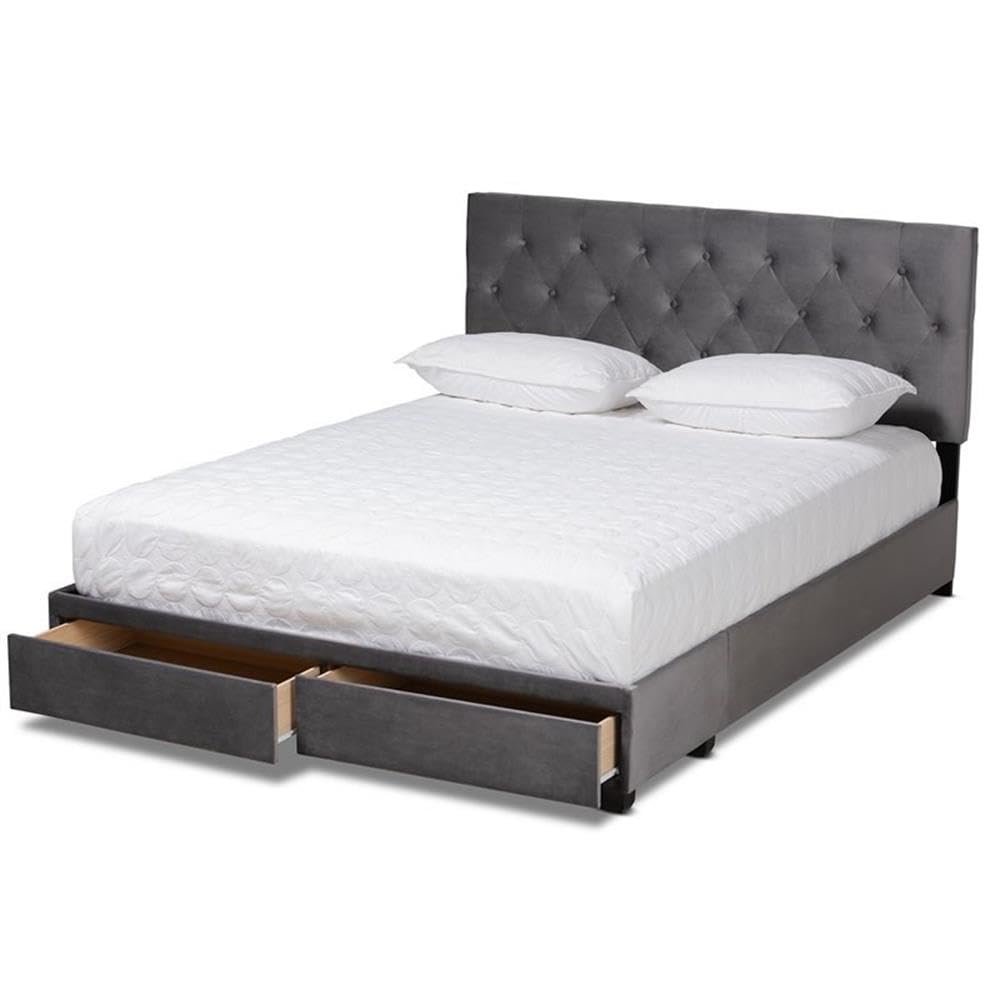 Baxton Studio Caronia Modern and Contemporary Grey Velvet Fabric Upholstered 2-Drawer King Size Platform Storage Bed