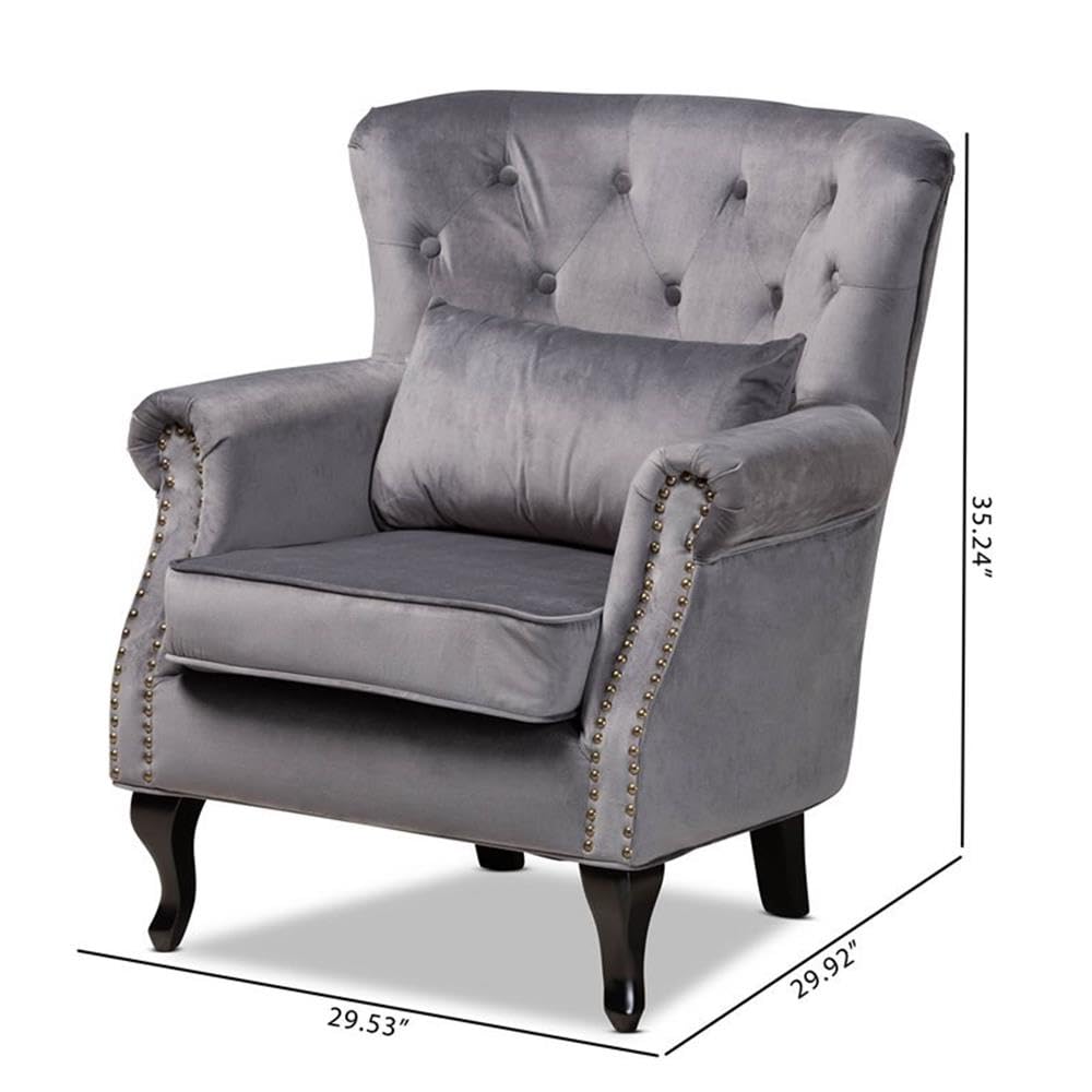 Baxton Studio Fletcher Classic and Traditional Grey Velvet Fabric Upholstered and Dark Brown Finished Wood Armchair