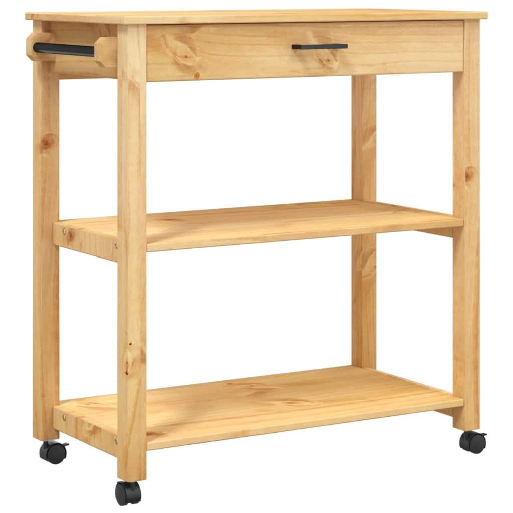 vidaXL Solid Pine Wood Rolling Kitchen Trolley Cart - Vintage Honey Wax Finish, Versatile with Wheels, Drawer, Shelves