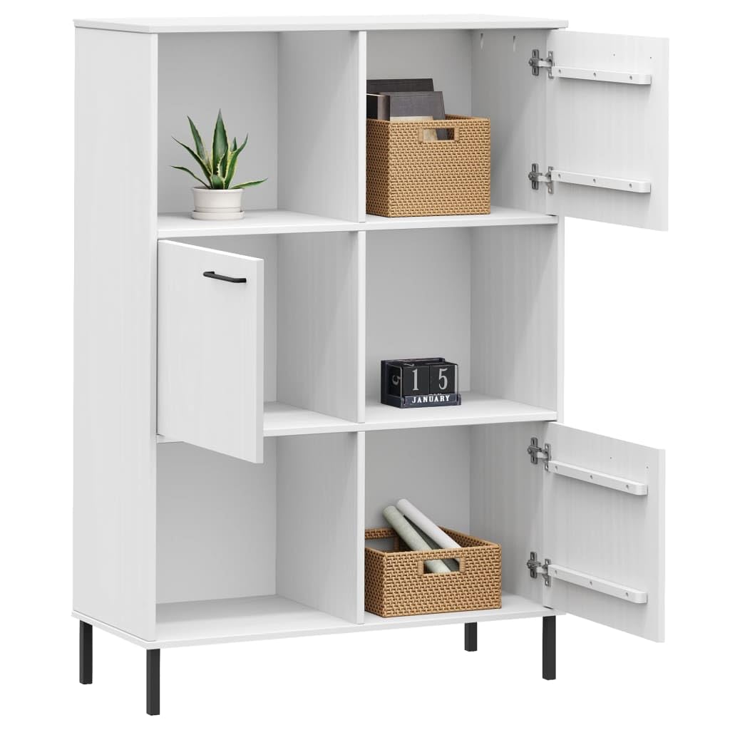 vidaXL Solid Pinewood Bookcase with Metal Legs - Modern Industrial Style White Bookcase, Freestanding Display Storage Shelf