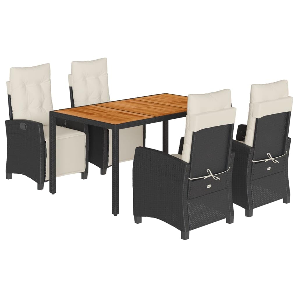 vidaXL - 5 Piece Patio Dining Set with Cushions - Adjustable Black Poly Rattan Garden Furniture with Acacia Wood Table for Outdoor, Backyard, Patio - Include 4 Chairs and Cushions