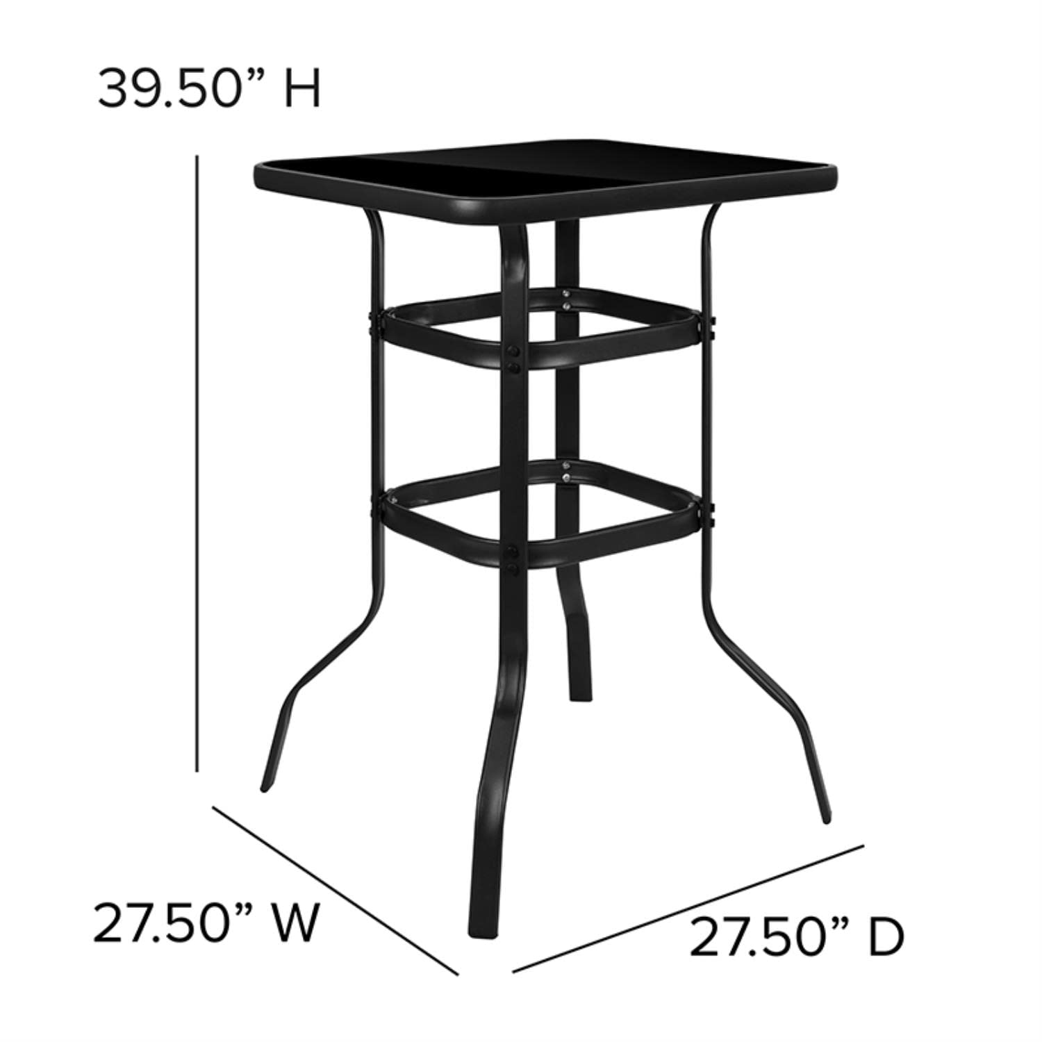 Flash Furniture Barker 27.5" Square Black Tempered Glass Bar Height Metal Patio Bar Table