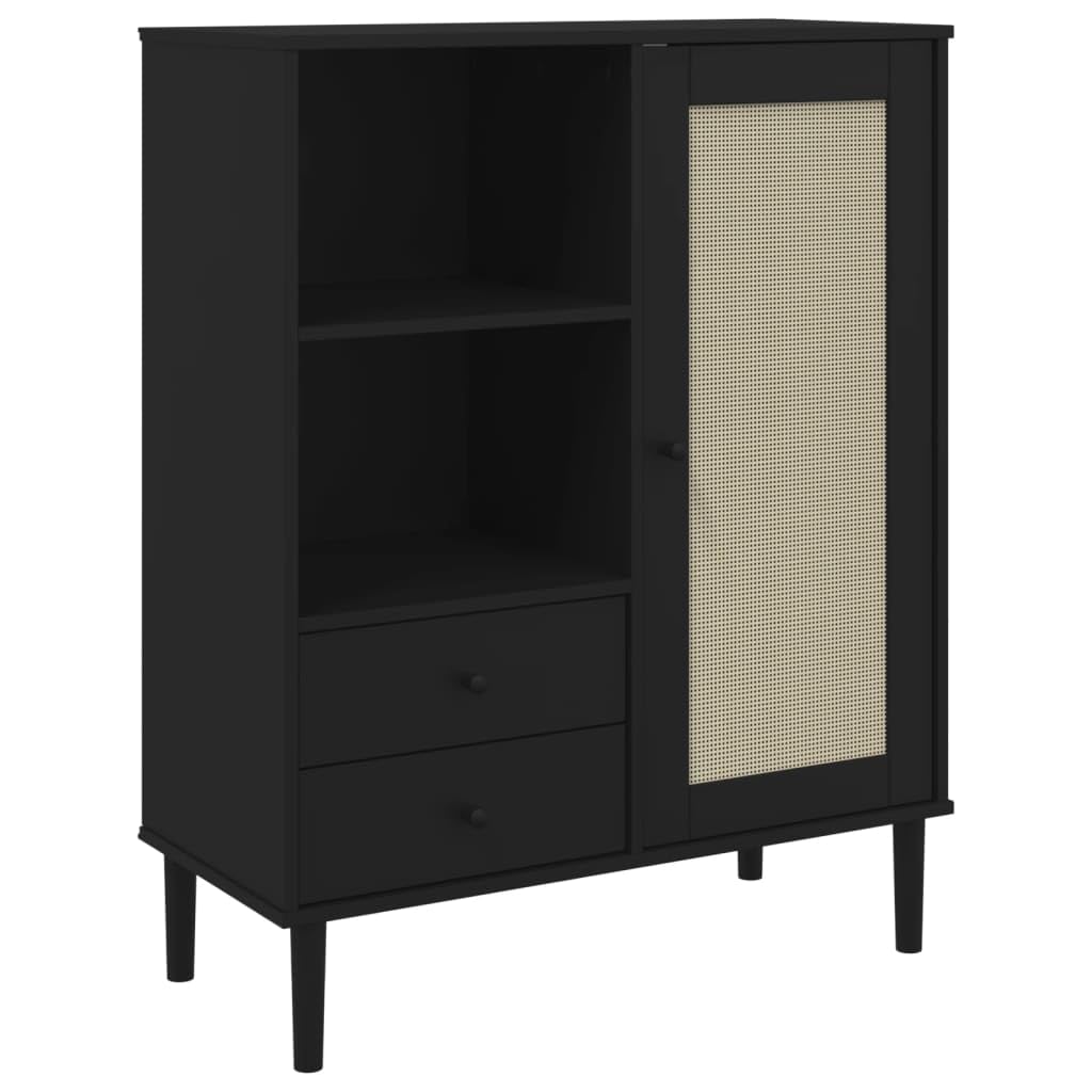 vidaXL Highboard Storage Cabinet - Wood with Black Finish, Rattan Surface, Ample Drawers and Compartments, Chic Modern Style