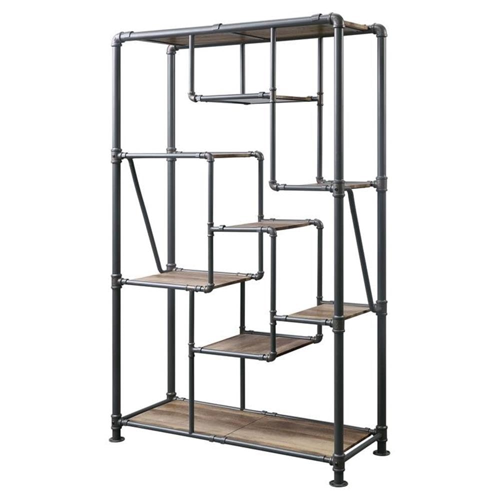 Acme Brantley Rectangular Metal Bookshelf in Antique Oak and Sandy Gray