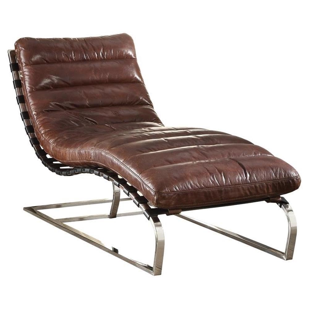 Acme Qortini Chaise in Vintage Dark Brown Top Grain Leather and Stainless Steel