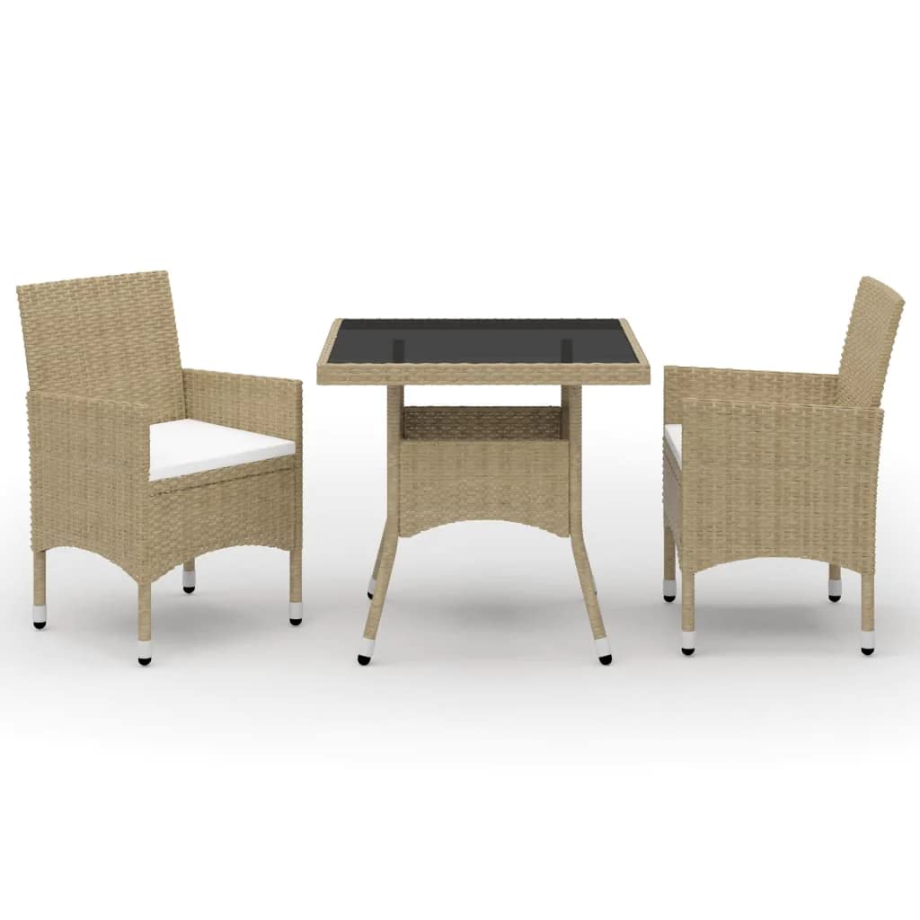 vidaXL Patio Dining Set 3 Piece Garden Outdoor Lawn Yard Terrace Balcony Seat Seating Sitting Dinner Chair Furniture Beige Poly Rattan and Glass