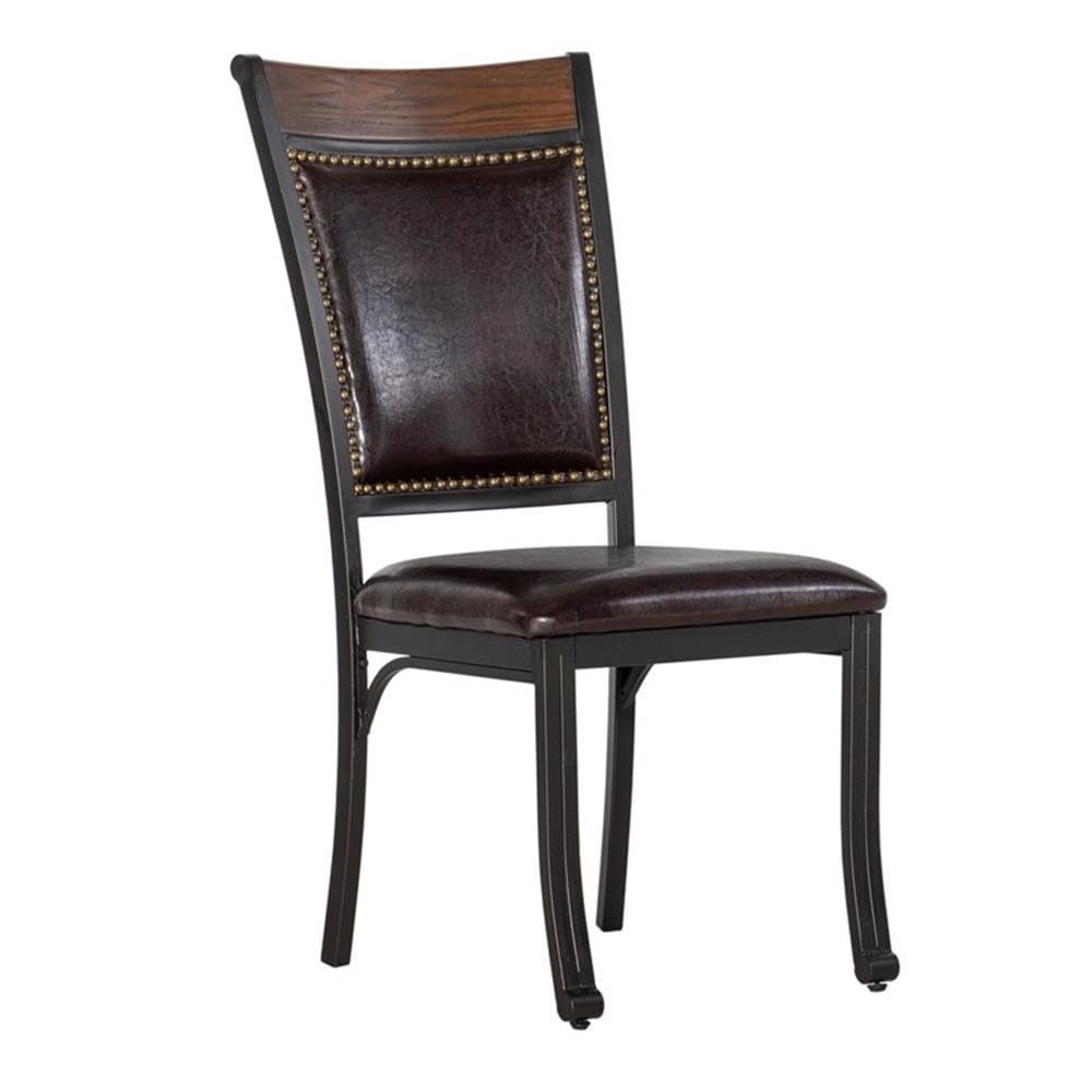 Powell Furniture Franklin Metal and Faux Leather Dining Chairs with Wood Accented Nailheads-Set of 2, Dark Brown