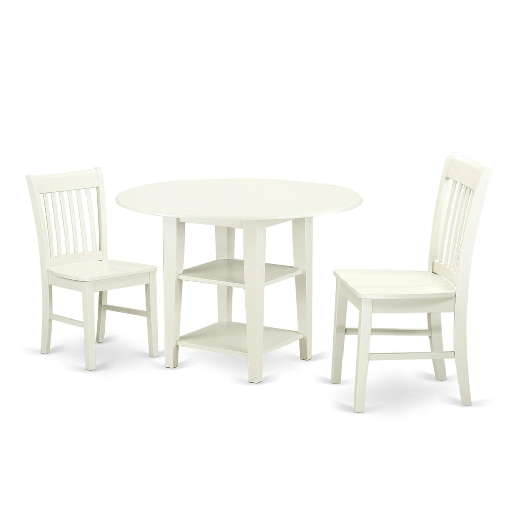 East West Furniture SUNO3-LWH-W 3 Piece Dining Room Furniture Set Contains a Round Kitchen Table with Dropleaf & Shelves and 2 Dining Chairs, 42x42 Inch, Linen White