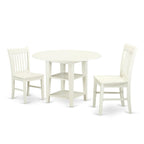 East West Furniture SUNO3-LWH-W 3 Piece Dining Room Furniture Set Contains a Round Kitchen Table with Dropleaf & Shelves and 2 Dining Chairs, 42x42 Inch, Linen White