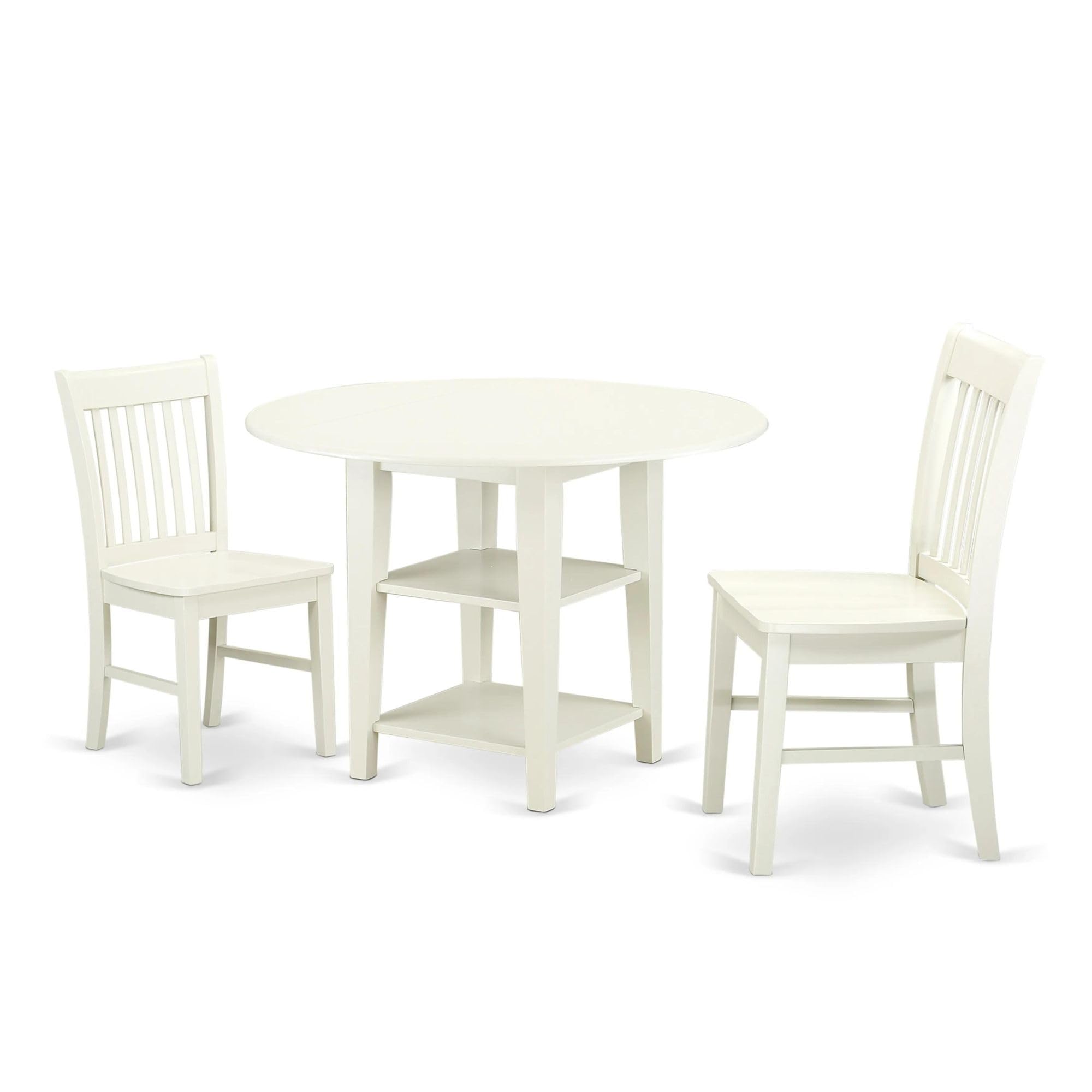 East West Furniture SUNO3-LWH-W 3 Piece Dining Room Furniture Set Contains a Round Kitchen Table with Dropleaf & Shelves and 2 Dining Chairs, 42x42 Inch, Linen White