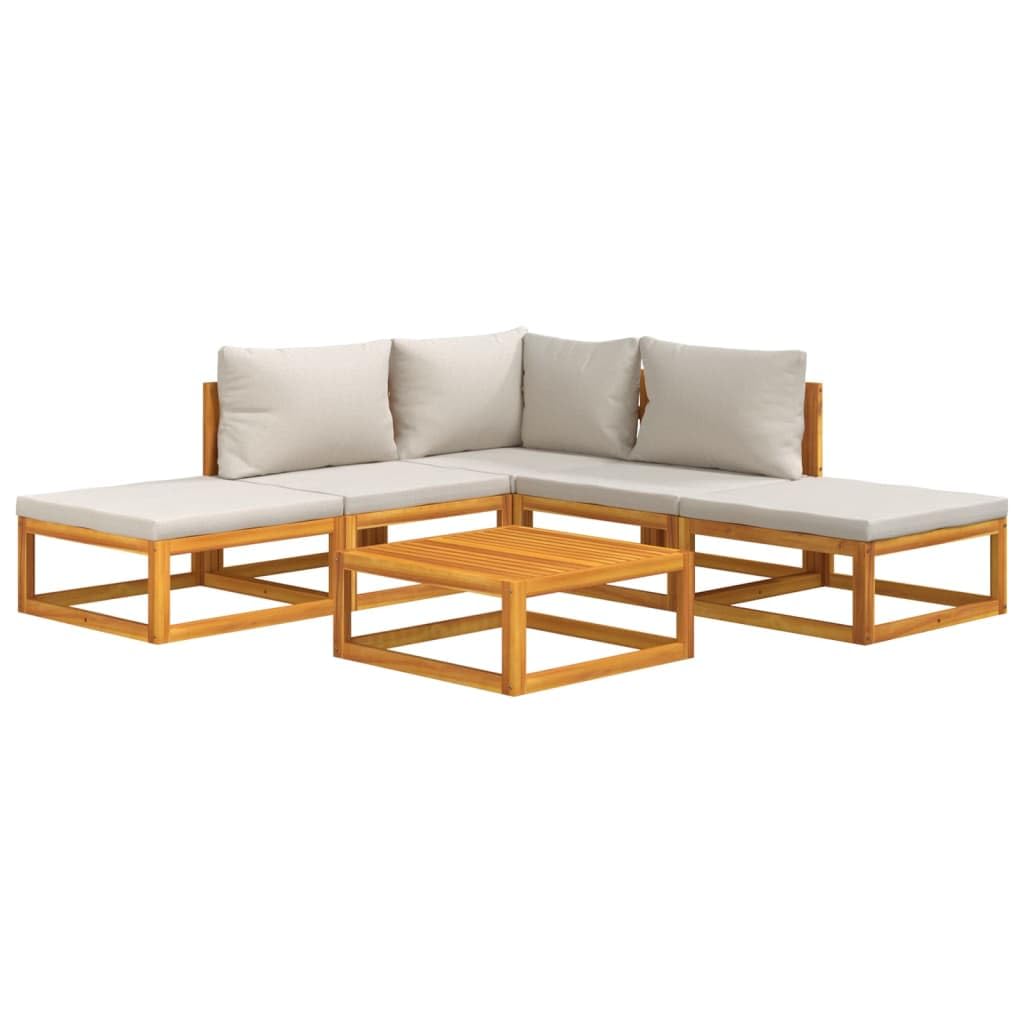 vidaXL Patio Lounge Set with Light Gray Cushions -6 Pieces Solid Acacia Wood Modular Design Farmhouse Style Outdoor Furniture with Corner/Middle Sofa, Footrest, and Coffee Table