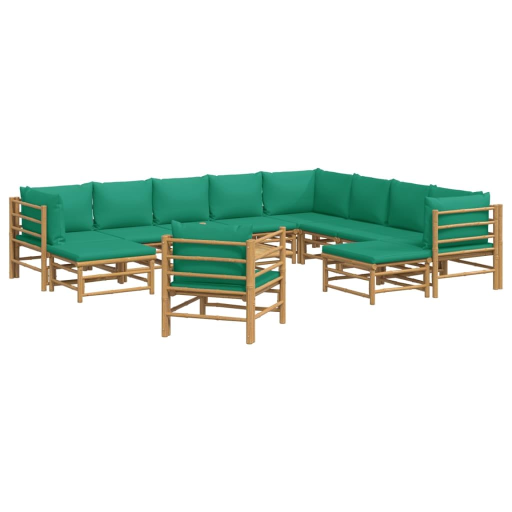 vidaXL 12 Piece Bamboo Patio Lounge Set, Outdoor Furniture with Green Cushions, Modifiable Configurations, Comfortable Seating, Practical Table, Ideal for Garden Patio Relaxation - Farmhouse Style...