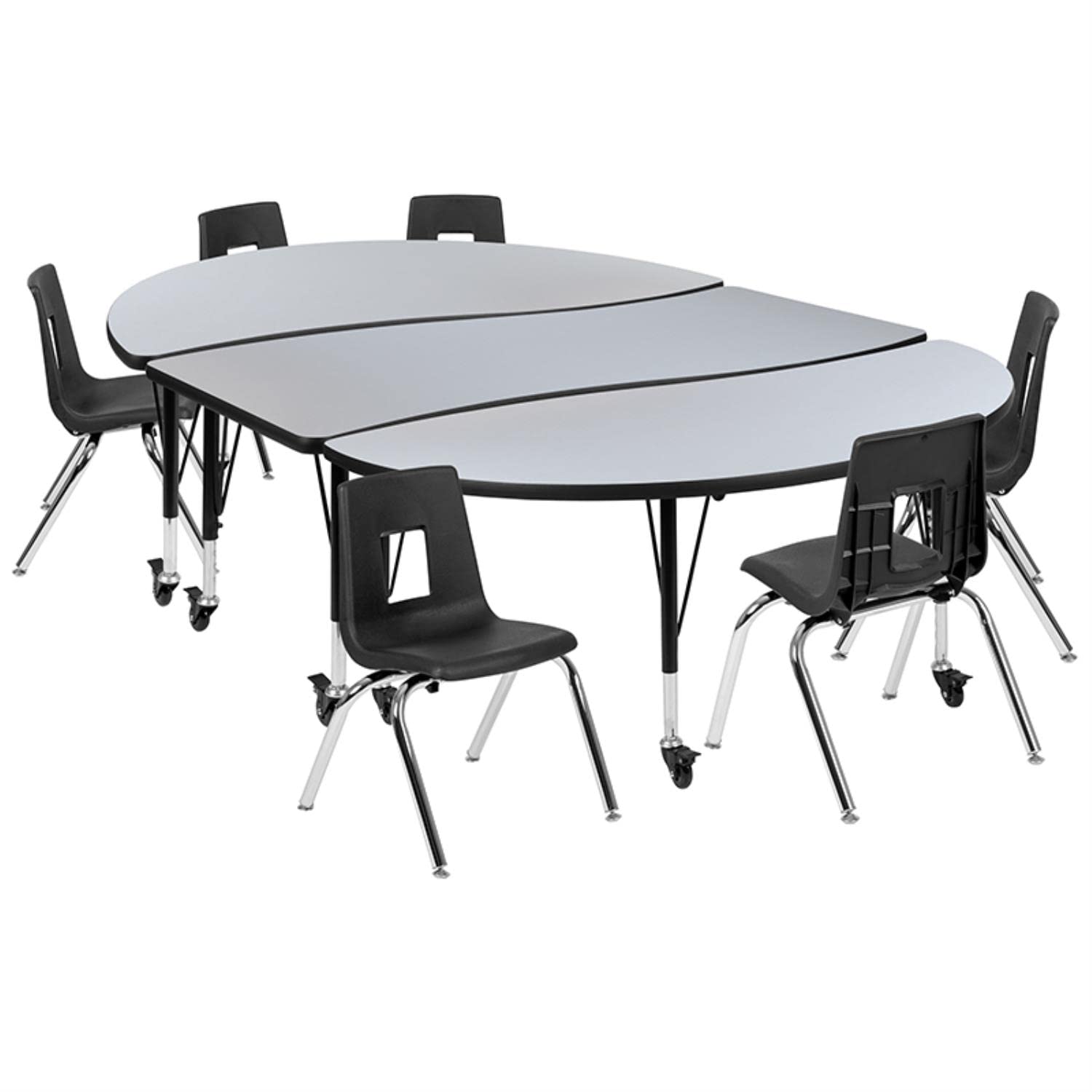 Flash Furniture Mobile 86" Oval Wave Collaborative Laminate Activity Table Set With 14" Student Stack Chairs, Grey/Black