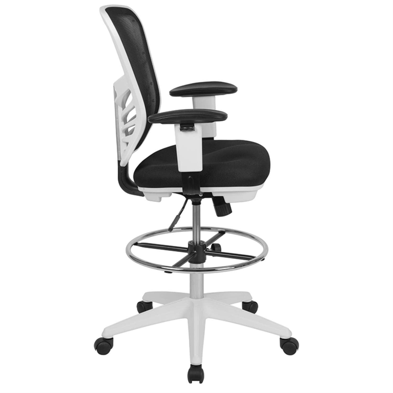 Flash Furniture Tyler Mid-Back Black Mesh Ergonomic Drafting Chair With Adjustable Chrome Foot Ring, Adjustable Arms And White Frame