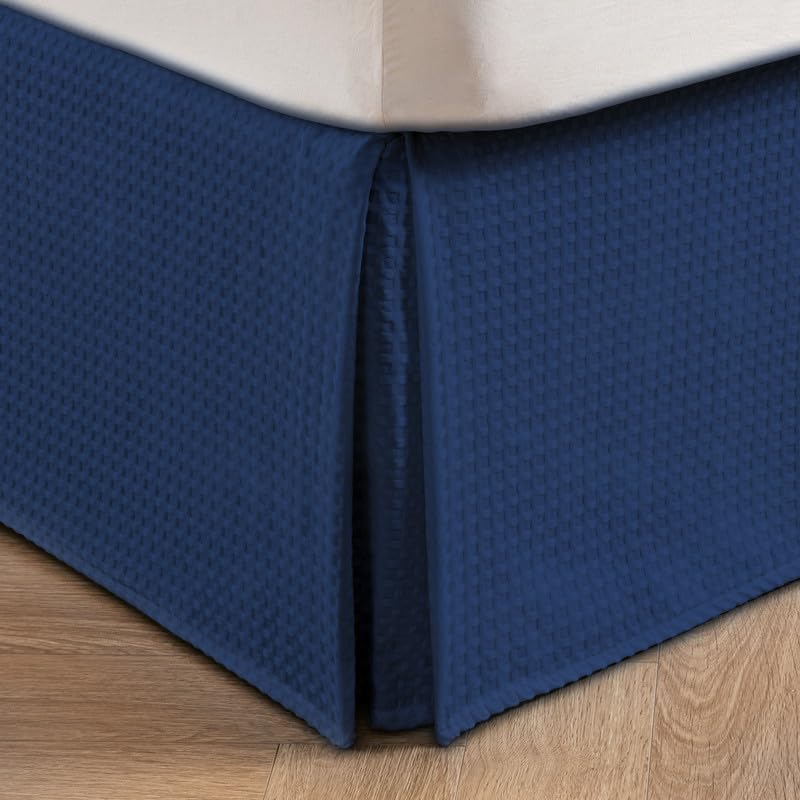 Miye Pleated Waffle Weave Bed Skirt, Tailored Dust Ruffle 14 Inch Drop Easy Fit, Machine Washable (Navy Blue, Queen - 14'' Drop)