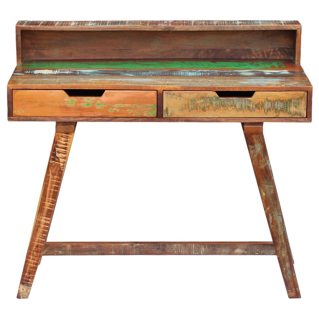 vidaXL Solid Reclaimed Wood Desk - Handcrafted Vintage-Style Wooden Desk with Two Drawers, Multicolored Surface, Ideal for Home or Office Use