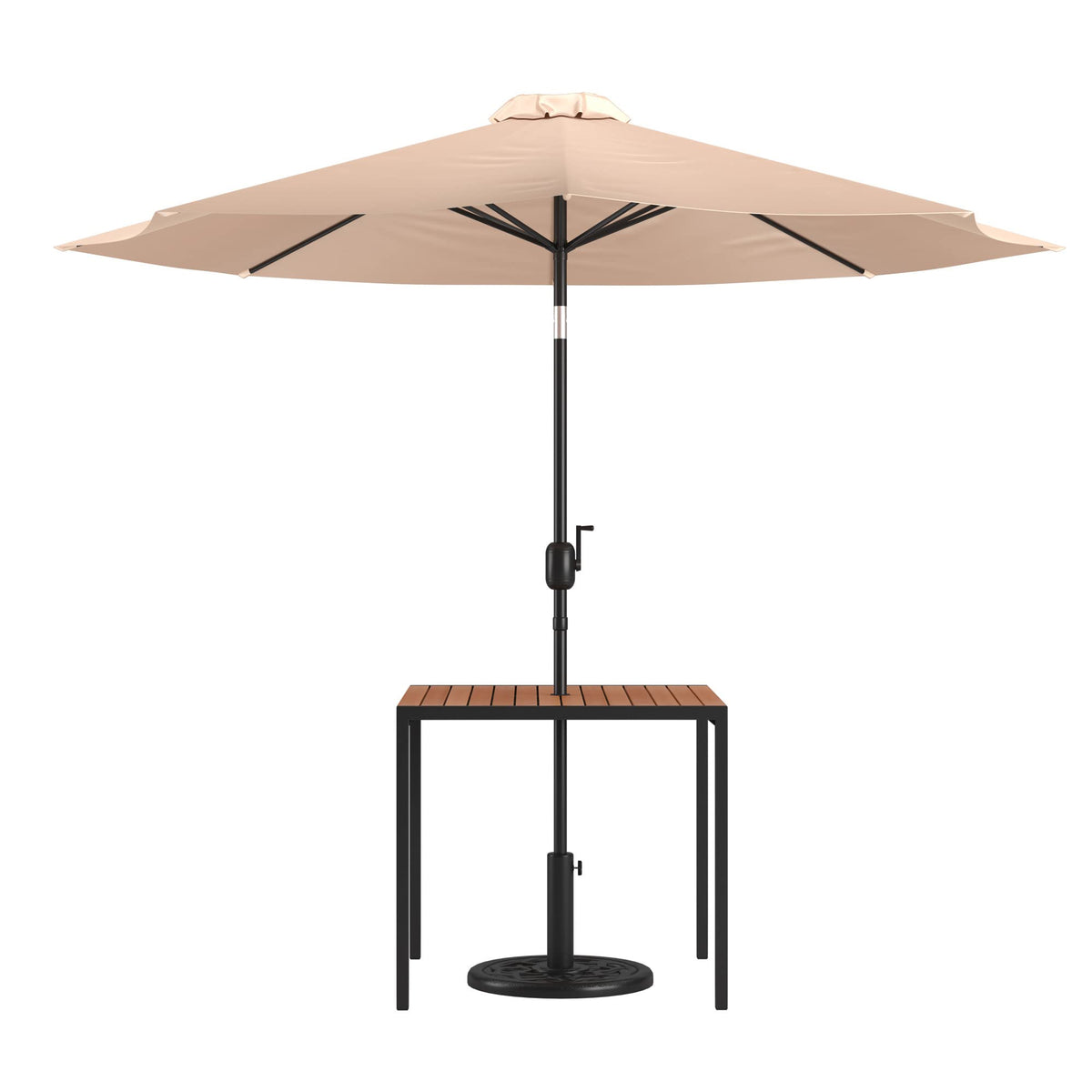 Flash Furniture Lark 3 Piece Outdoor Patio Table Set - Natural Faux Teak Dining Table - 35&quot; Square Synthetic Teak Table with Umbrella Hole - Tan Umbrella with Base