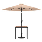 Flash Furniture Lark 3 Piece Outdoor Patio Table Set - Natural Faux Teak Dining Table - 35" Square Synthetic Teak Table with Umbrella Hole - Tan Umbrella with Base