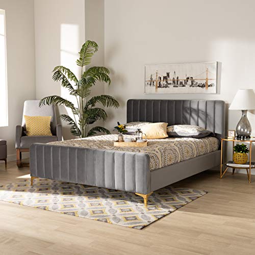 Baxton Studio Nami Modern Contemporary Glam and Luxe Light Grey Velvet Fabric Upholstered and Gold Finished King Size Platform Bed