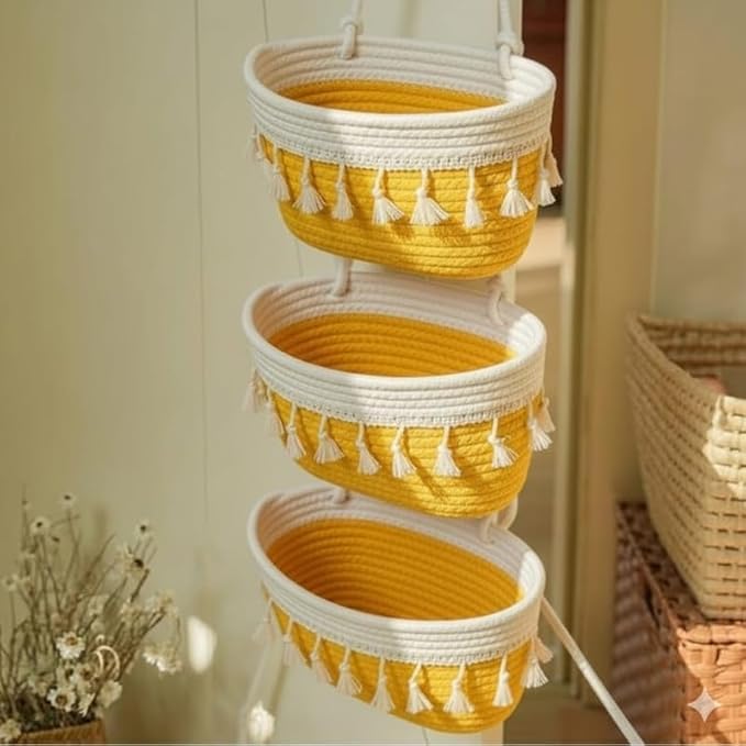 Royal Trend 3 Tier Hanging Storage Basket Cotton Rope Wall Mounted Organizer With Tassels Decorative Boho Shelf For Bathroom Bed