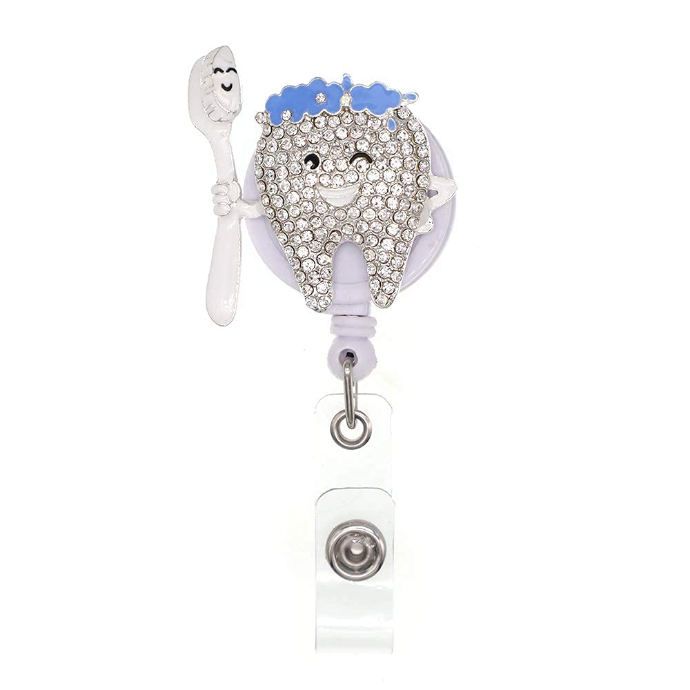 Smiling Tooth Rhinestone Alloy Badge Holder Cute Retractable Id Badge Scroll Gift, Suitable For Nurse/Doctor/Dentist