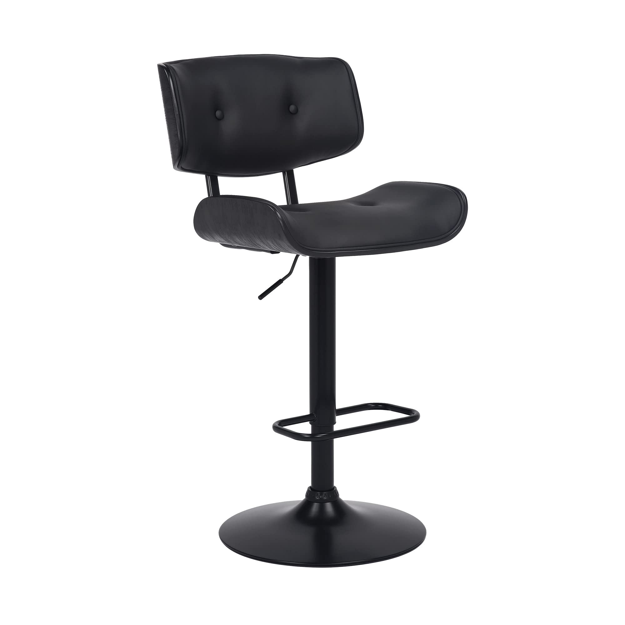 HomeRoots Wood, Metal, Foam Faux Leather Adjustable Black Tufted Faux Leather and Black Wood Swivel Barstool.