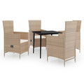 vidaXL 3-Piece Patio Dining Set with Cushions - Outdoor Garden Furniture Set - Powder-Coated Steel, PE Rattan - Glass Tabletop - Reclining Chairs - Beige and Black