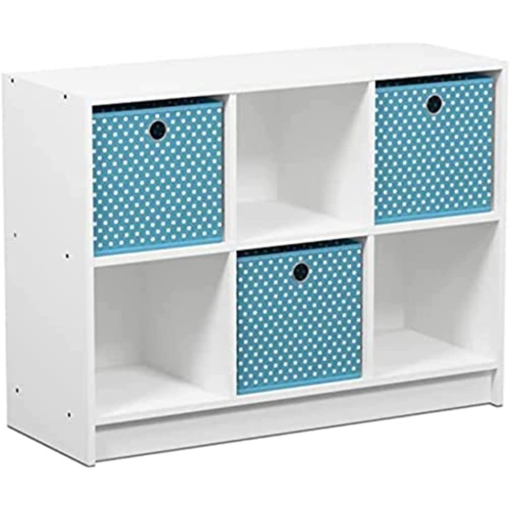 Furinno Basic 3x2 Cube Storage Bookcase Organizer with Bins, White/Light Blue