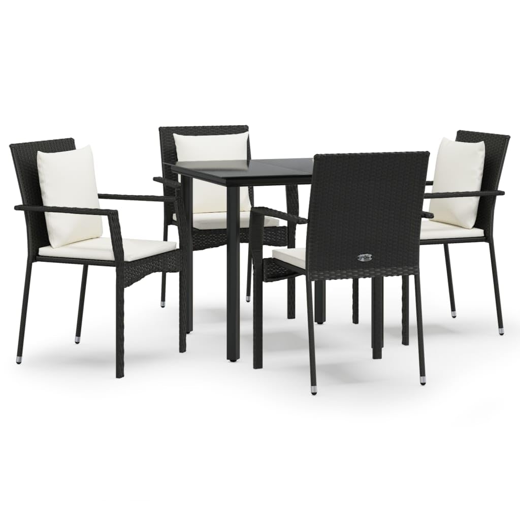 vidaXL Patio Dining Set with Cushions 5 Piece - Black Poly Rattan, Tempered Glass Tabletop, Cream White Cushions - Perfect for Garden, Patio, Outdoor Dining
