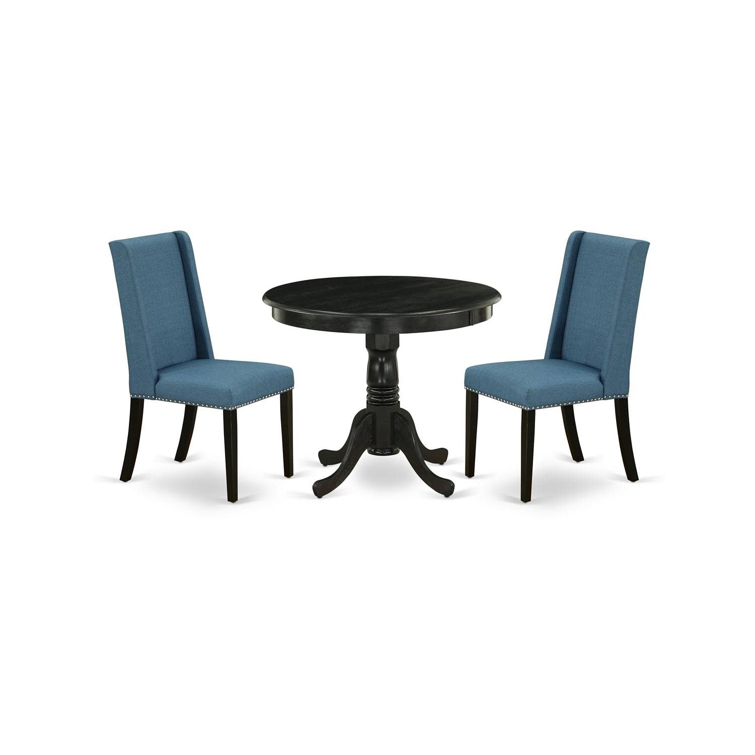 East West Furniture Anfl3-Abk-21 3 Piece Modern Dining Table Set Contains A Round Kitchen Table With Pedestal And 2 Blue Linen Fabric Parson Dining Chairs, 36X36 Inch, Wirebrushed Black